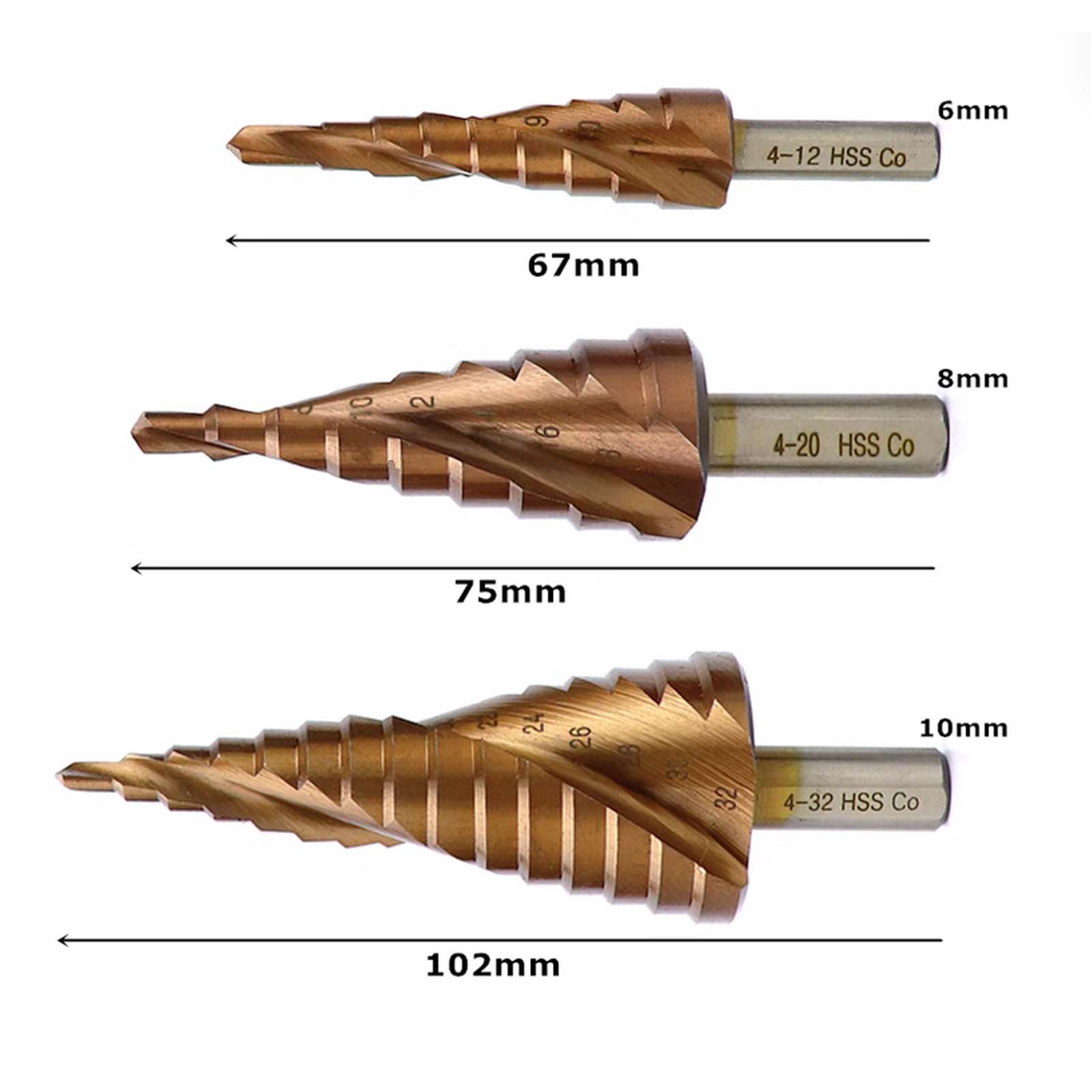 4-12mm/20mm/32mm HSS Titanium Spiral Groove Step Drill Bits, Triangular Handle Step Metal Drilling Bits 4-12mm
4-12mm/20mm/32mm HSS Titanium Spiral Groove Step Drill Bits, Triangular Handle Step Metal Drilling Bits 4-12mm