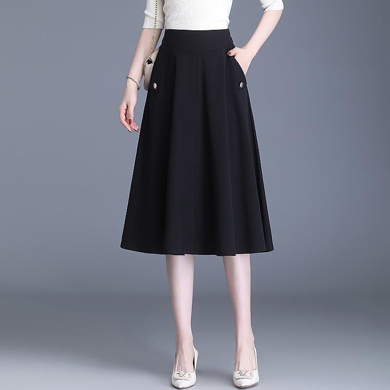 Карманная А-силуэтная юбка Женская юбка Ранняя осень 2025 Новое поступление Миди Длинная Длинная Высокая талия Стройнящая Эластичная талия Юбка Black 2XL