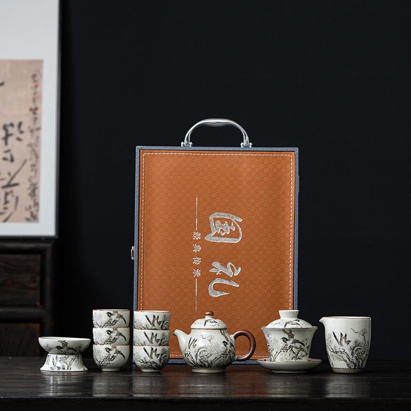 Печь Ру довольна бровями, керамический чайный набор для кунг-фу, китайская бытовая роскошь, мероприятия высокого класса, подарочная коробка