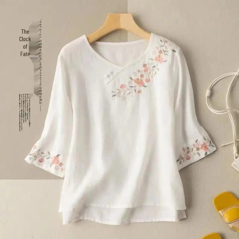 Women s Cotton-Linen Embroidered T-Shirt: Autumn 2024 Loose Fit, Belly-Covering, Slim Round Neck, 3/4 Sleeves M
Women s Cotton-Linen Embroidered T-Shirt: Autumn 2024 Loose Fit, Belly-Covering, Slim Round Neck, 3/4 Sleeves M