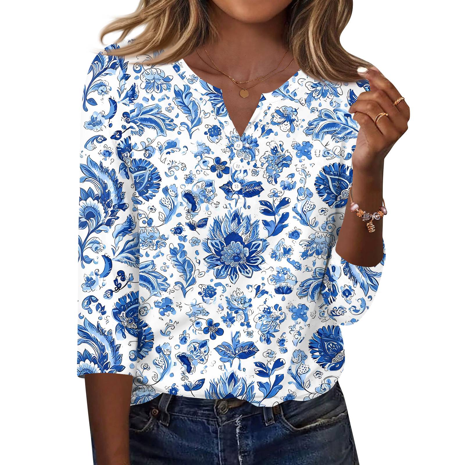 Жіноча футболка з принтом на ґудзиках з рукавами 3/4, щоденна мода на вихідні, звичайний топ із V-подібним вирізом S
Жіноча футболка з принтом на ґудзиках з рукавами 3/4, щоденна мода на вихідні, звичайний топ із V-подібним вирізом S