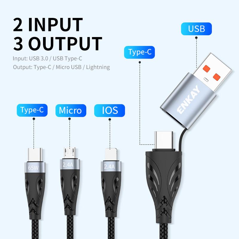 ENKAY HAT PRINCE 5-in-1 2m 65W Fast Charging Cable USB/Type-C to Type-C/Lightning/Micro USB Nylon Braided Charging Cord with Indicator A
ENKAY HAT PRINCE 5-in-1 2m 65W Fast Charging Cable USB/Type-C to Type-C/Lightning/Micro USB Nylon Braided Charging Cord with Indicator A