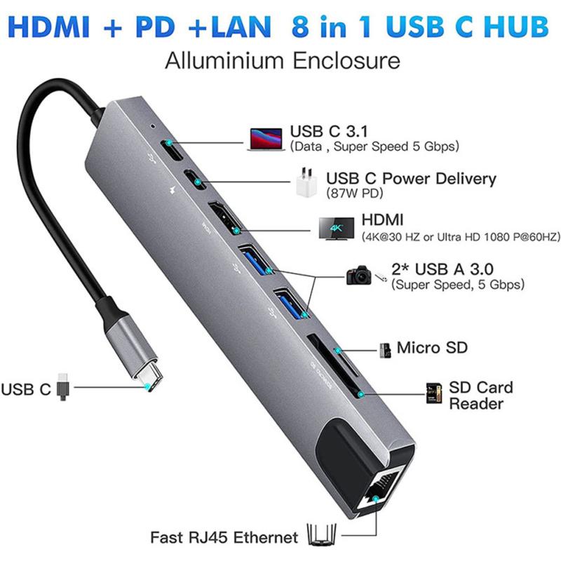USB-концентратор 8 в 1 типа C 3,1–4k HDMI-совместимый адаптер с устройством чтения карт Rj45 Sd/tf Pd Fast
USB-концентратор 8 в 1 типа C 3,1–4k HDMI-совместимый адаптер с устройством чтения карт Rj45 Sd/tf Pd Fast