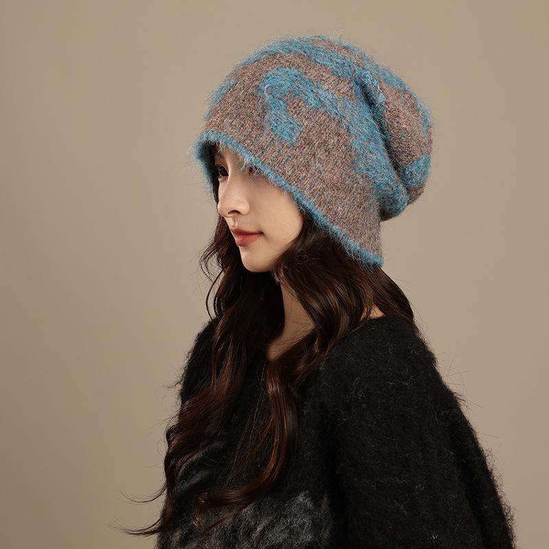 Шапка женская осенне-зимняя теплая шапка от холода шерстяная вязаная тонкая для маленького лица шапка-бини с большим обхватом головы осень Average size (55-59cm) синий
