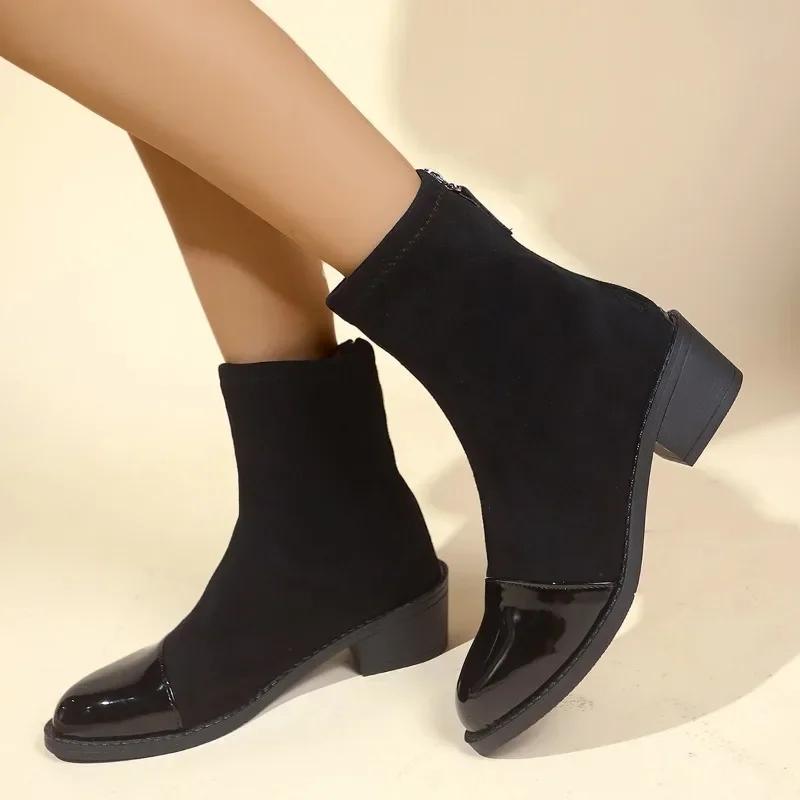 2024 Горячая Распродажа Женская Обувь Ботильоны Женские Сапоги Модные Задняя Молния Современные Ботинки Женские Новые Большие Размеры Однотонная Обувь для Женщин Zapatos 36 чёрный