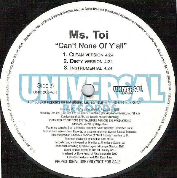 12inch Record MS. TOI - Can t None Of Y all / Work A Twist UNIR205961 Universal Recor 2001 US Rap & Hip-Hop/R&B Used
12inch Record MS. TOI - Can t None Of Y all / Work A Twist UNIR205961 Universal Recor 2001 US Rap & Hip-Hop/R&B Used