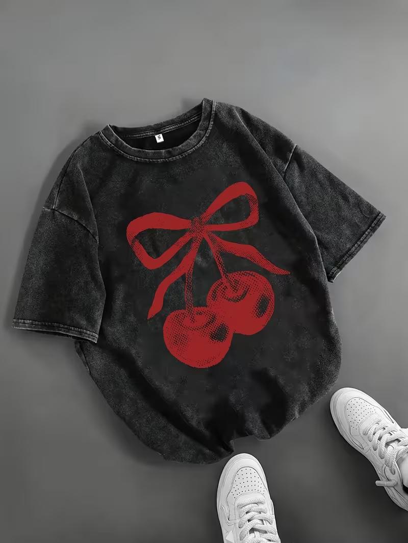 Ladies Washed Retro Short Sleeved Tshirt Trendy and Breathable Metal Cherry Print Aged Dark Background Casual Street Style S
Ladies Washed Retro Short Sleeved Tshirt Trendy and Breathable Metal Cherry Print Aged Dark Background Casual Street Style S