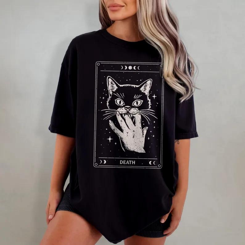 Streetwear Vintage Tarot Card Skeleton Cat Meme Letter T Shirt Women Unisex Cotton Tee Casual Summer Oversized Summer Loose Top S
Streetwear Vintage Tarot Card Skeleton Cat Meme Letter T Shirt Women Unisex Cotton Tee Casual Summer Oversized Summer Loose Top S