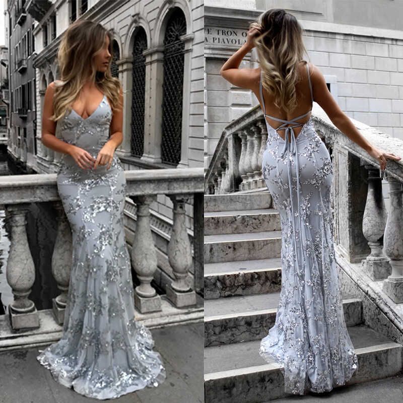 Suspender Sequin Dress Women Sling V-neck Backless Sequined Lace-up Formal Dress Birthday Long dress Grey 3XL
Suspender Sequin Dress Women Sling V-neck Backless Sequined Lace-up Formal Dress Birthday Long dress Grey 3XL