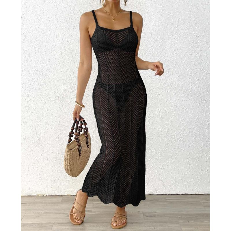Женское пляжное тканое полое сексуальное облегающее праздничное платье с бретелькой через шею длинное XL чёрный