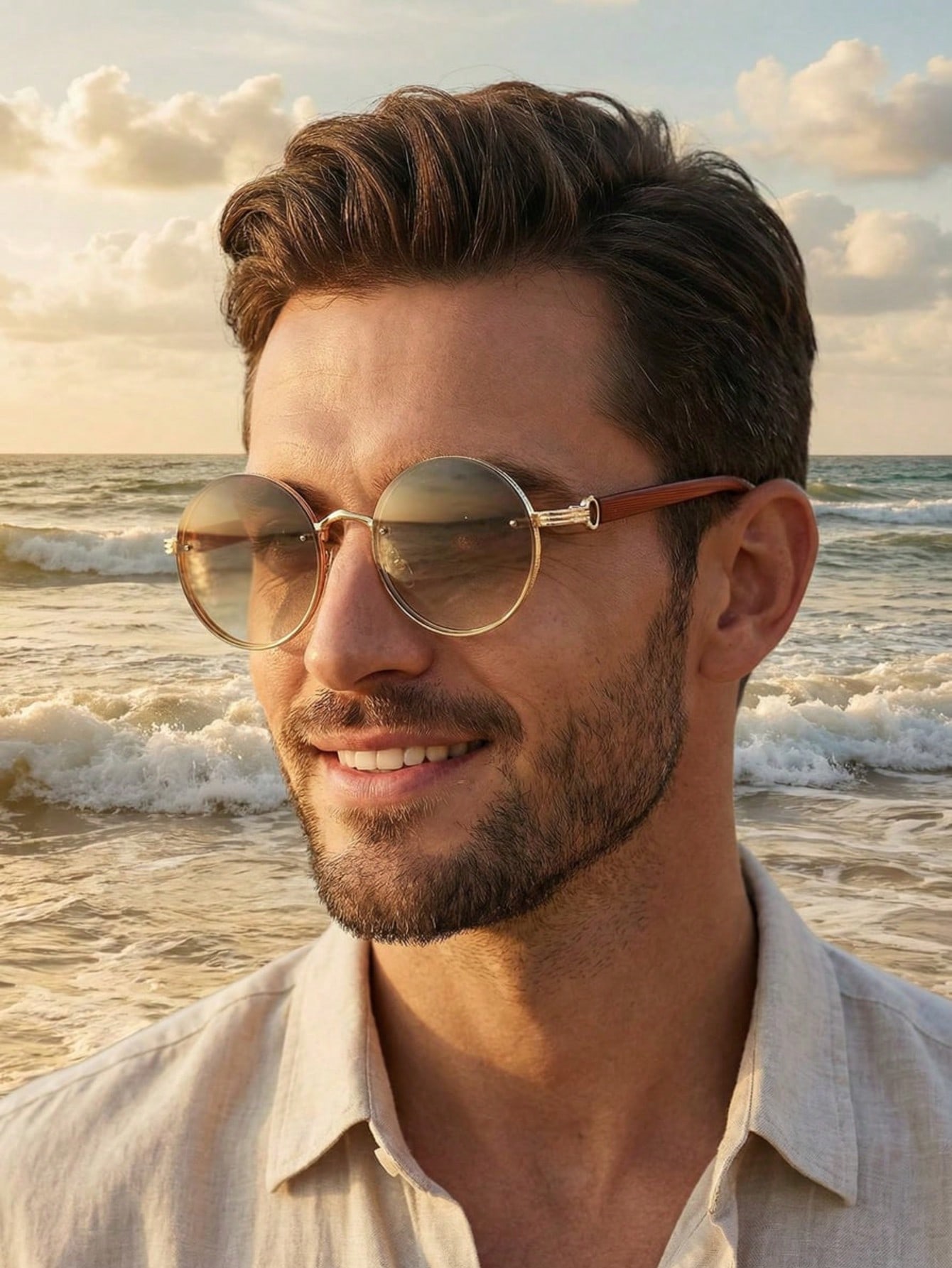 1 pair of men s metal round sunglasses with faux wood grain temples, fashionable eyewear
1 pair of men s metal round sunglasses with faux wood grain temples, fashionable eyewear
