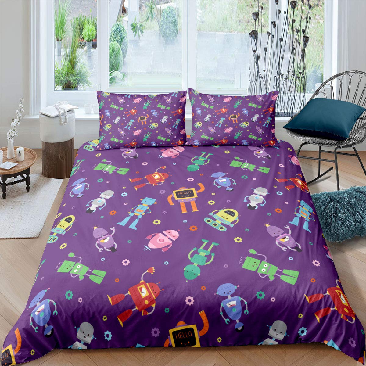 Комплект постельного белья с изображением робота для мальчиков, комплект постельного белья с акварельным рисунком робота, современный мультяшный узор супер-робота, размер King Size, 2/3 шт. EU single(135x200cm)