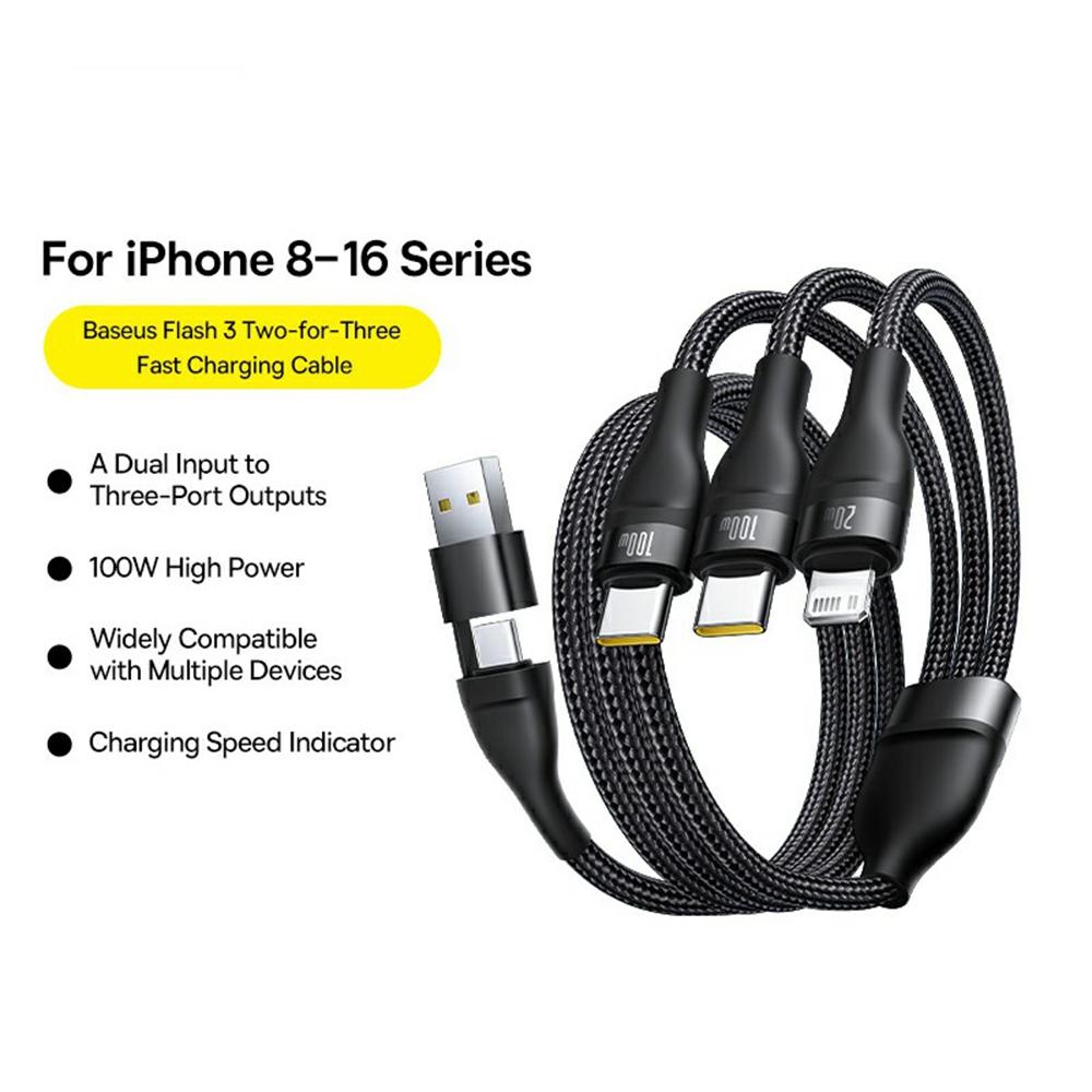 BASEUS Flash Series 3 Two-For-Three Fast Charging Cable USB+Type-C to Type-C+Type-C+Lightning 100W 1.5m,Black A
BASEUS Flash Series 3 Two-For-Three Fast Charging Cable USB+Type-C to Type-C+Type-C+Lightning 100W 1.5m,Black A