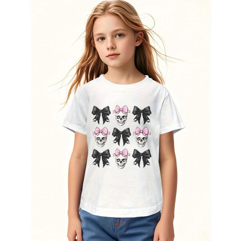 European size Girls round neck short sleeved T shirt with skull and bowknot print 98cm
European size Girls round neck short sleeved T shirt with skull and bowknot print 98cm