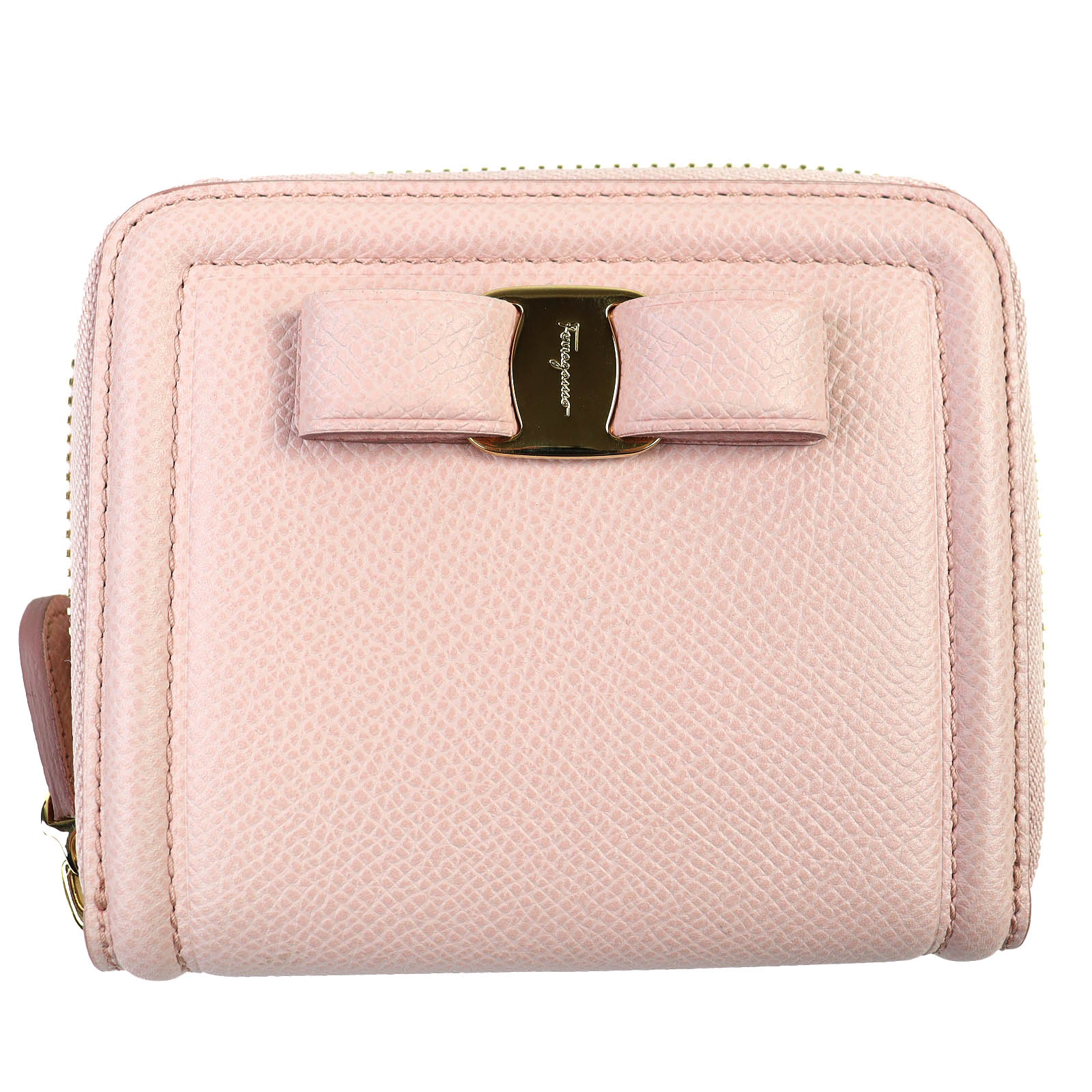 Pristine Salvatore Ferragamo Bifold Wallet Vara Ribbon Zip Around pink leather Used
Pristine Salvatore Ferragamo Bifold Wallet Vara Ribbon Zip Around pink leather Used