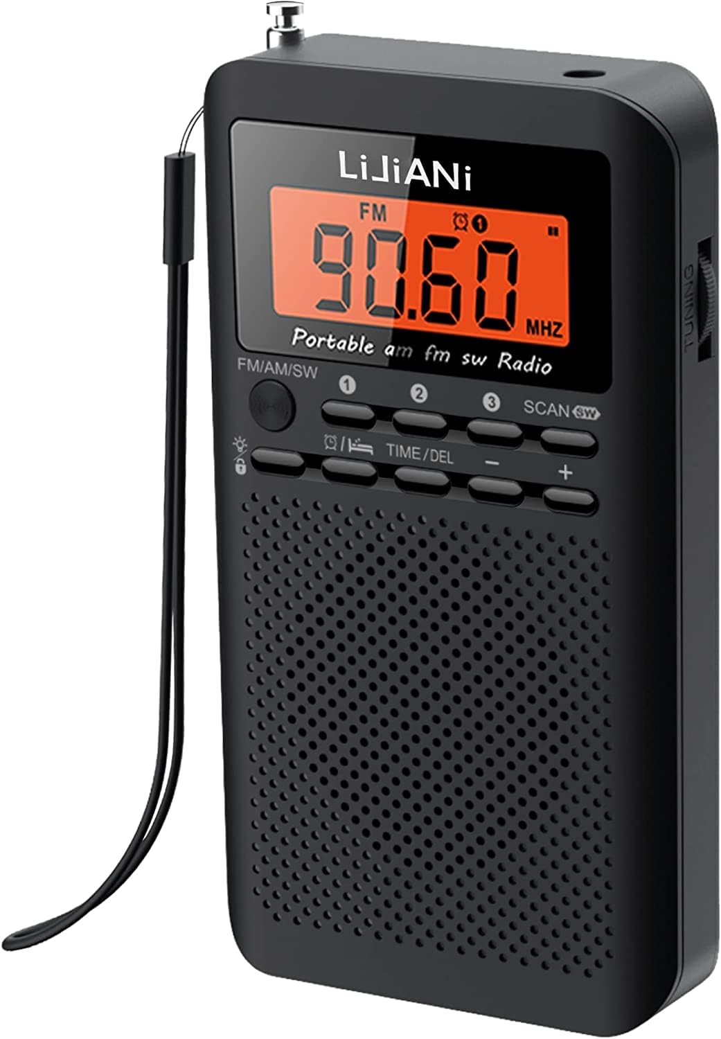 Compact portable radio for FMAMSW, uses two AA batteries, features backlit buttons for nighttime use, digital clock, alarm clock, and sleep timer
Compact portable radio for FMAMSW, uses two AA batteries, features backlit buttons for nighttime use, digital clock, alarm clock, and sleep timer