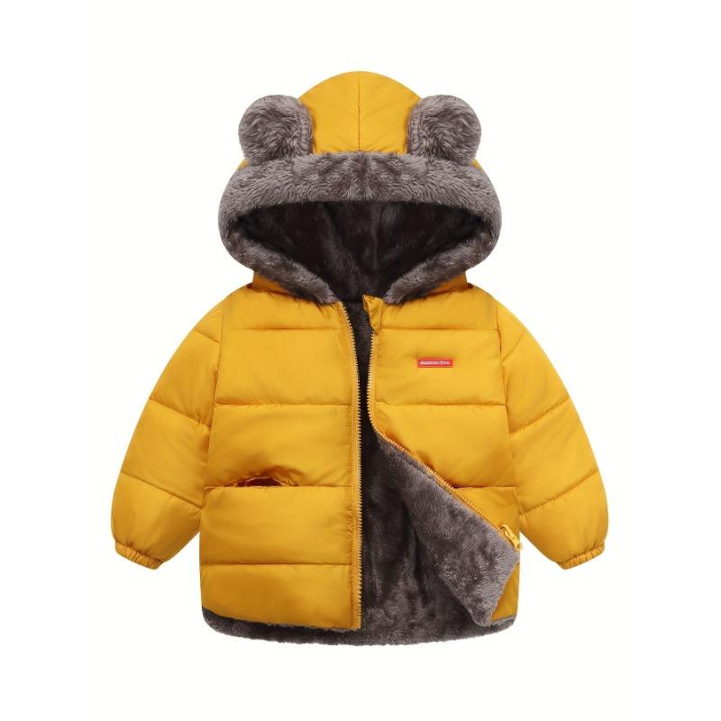 Детская теплая куртка с капюшоном на осень и зиму, ветрозащитная, толстая, мягкая, удобная, двусторонняя, на молнии, с милым дизайном ушек, пальто для мальчиков и девочек 130 жёлтый