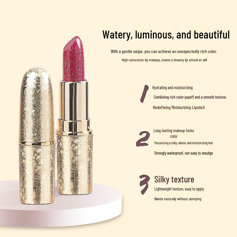 Dragon Fruit Pearlescent Shimmer Lipstick: Non-Stick, Long-Lasting, Moisturizing, Waterproof, Rose Purple.
Dragon Fruit Pearlescent Shimmer Lipstick: Non-Stick, Long-Lasting, Moisturizing, Waterproof, Rose Purple.