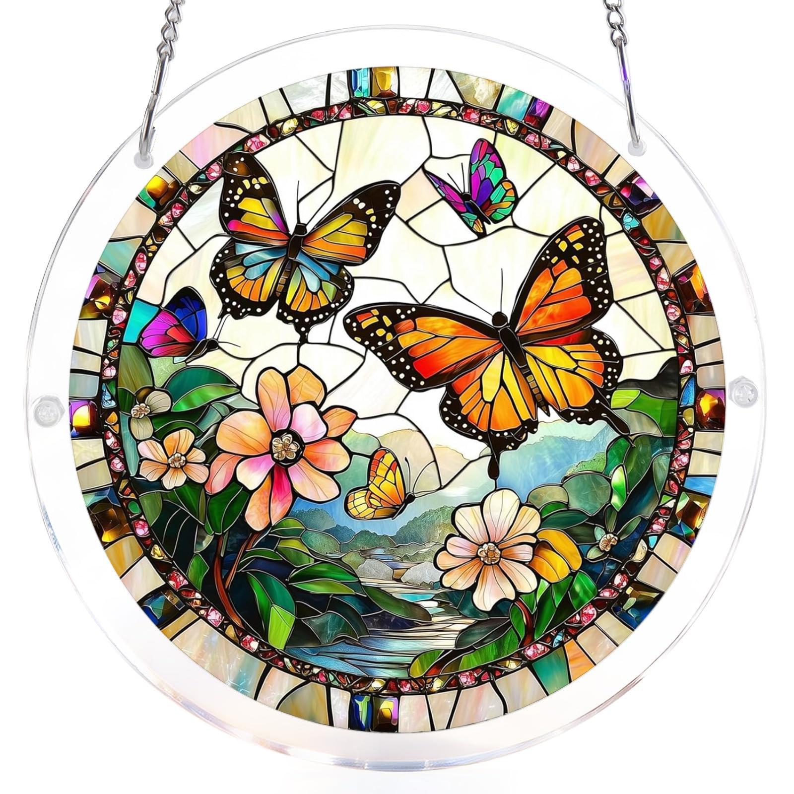 Stained Glass Style Hanging Panel with Butterfly and Floral Pattern Round Acrylic Suncatcher for Window Decoration Display One Size
Stained Glass Style Hanging Panel with Butterfly and Floral Pattern Round Acrylic Suncatcher for Window Decoration Display One Size
