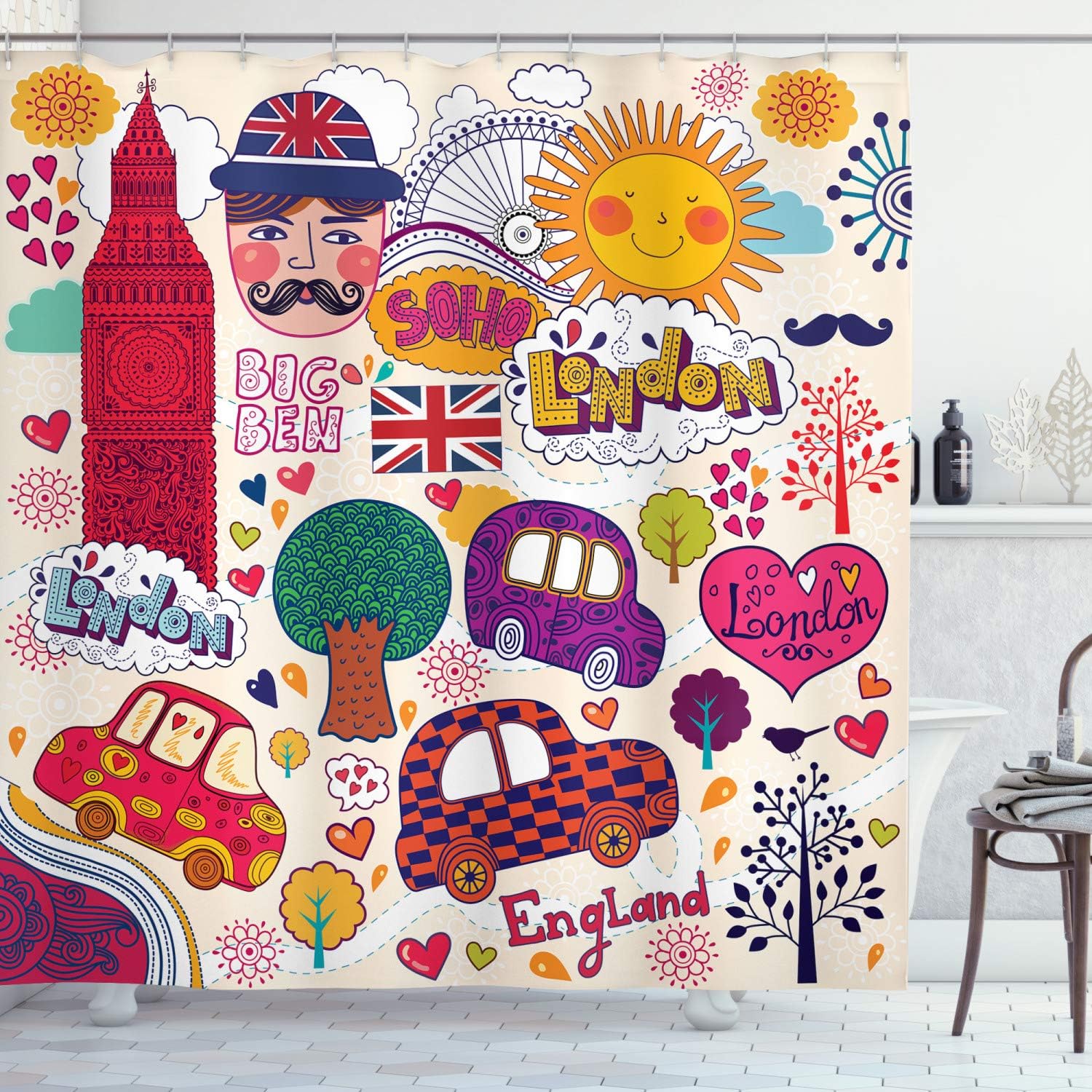 London Theme Shower Curtain With Hooks – Colorful British Cartoon Art, Big Ben, Union Jack & London Eye, Red Beige City Decor W60H190(CM)-1 Pcs
London Theme Shower Curtain With Hooks – Colorful British Cartoon Art, Big Ben, Union Jack & London Eye, Red Beige City Decor W60H190(CM)-1 Pcs