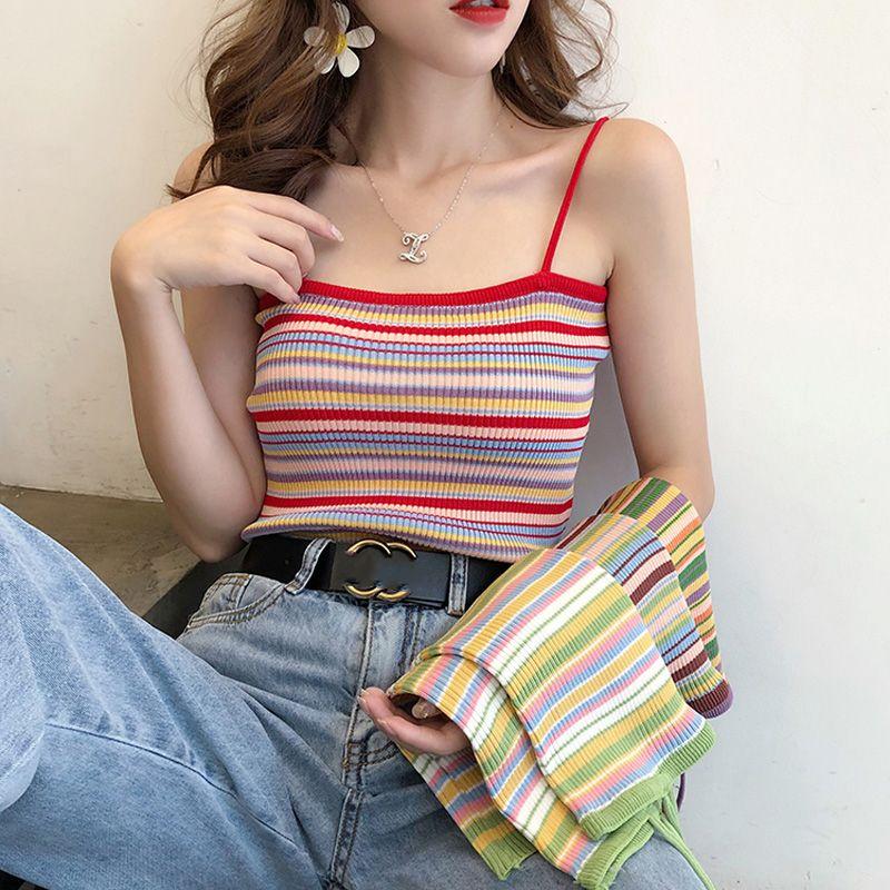 Rainbow Striped Camisole Knit Tank Top Rainbow Stripes Spaghetti Straps Knitted Vest khaki One Size
Rainbow Striped Camisole Knit Tank Top Rainbow Stripes Spaghetti Straps Knitted Vest khaki One Size