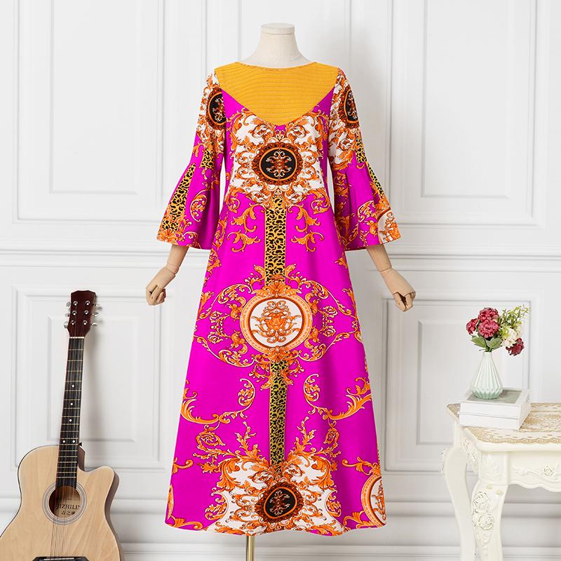 Весеннее женское платье макси с круглым вырезом и длинным рукавом в стиле пэчворк