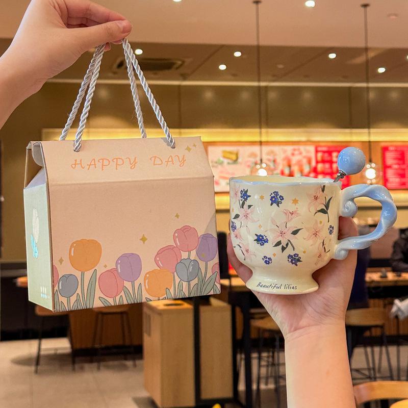 Керамическая кружка в стиле ретро с цветочным узором, большая емкость, чашка для завтрака и кофе, парная чашка для воды, подарок на день рождения для девушек 401-500ml