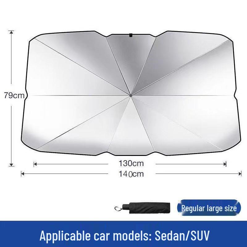 Silver Car Sunshade Umbrella with Curved Handle for Heat Insulation and Vehicle-Specific Windshield Protection.
Silver Car Sunshade Umbrella with Curved Handle for Heat Insulation and Vehicle-Specific Windshield Protection.