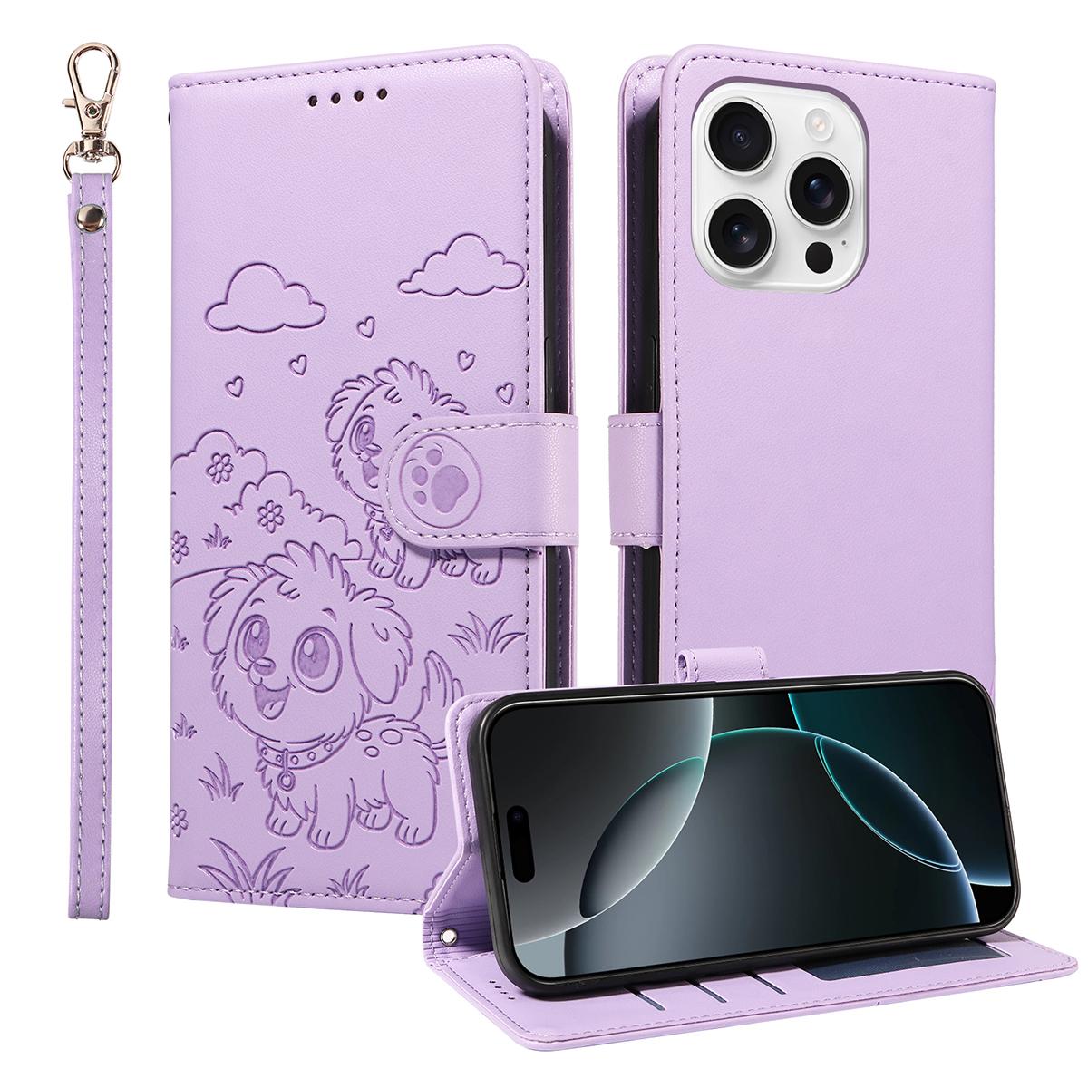 For iPhone 16 Pro Max Case RFID Blocking Imprinted Dog Pattern PU Leather Phone Cover with Wrist Strap Purple
For iPhone 16 Pro Max Case RFID Blocking Imprinted Dog Pattern PU Leather Phone Cover with Wrist Strap Purple