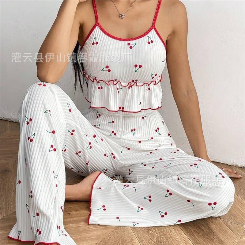 European and American ribbed sling vest trousers printed pajamas women s casual sexy loungewear two-piece suit women S вишня
European and American ribbed sling vest trousers printed pajamas women s casual sexy loungewear two-piece suit women S вишня