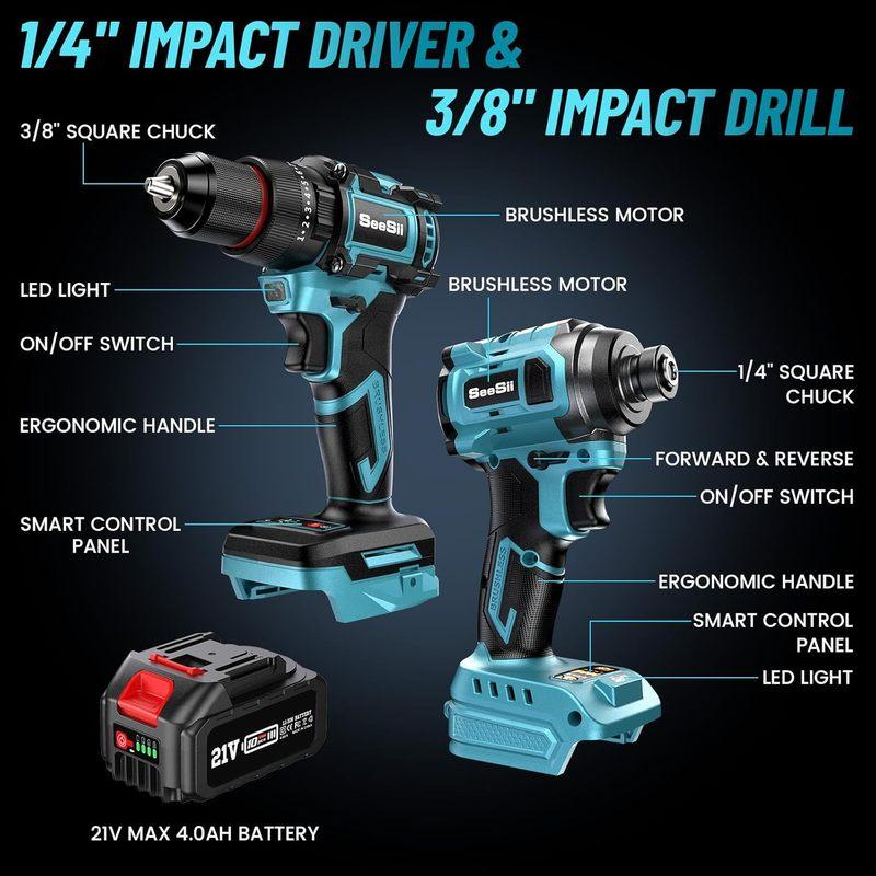 SEESII 21V Max Cordless Electric Drill and Impact Driver Screwdriver Tool 3/8 Drill & 1/4 Impact Driver 2x 4.0Ah Battery
SEESII 21V Max Cordless Electric Drill and Impact Driver Screwdriver Tool 3/8 Drill & 1/4 Impact Driver 2x 4.0Ah Battery