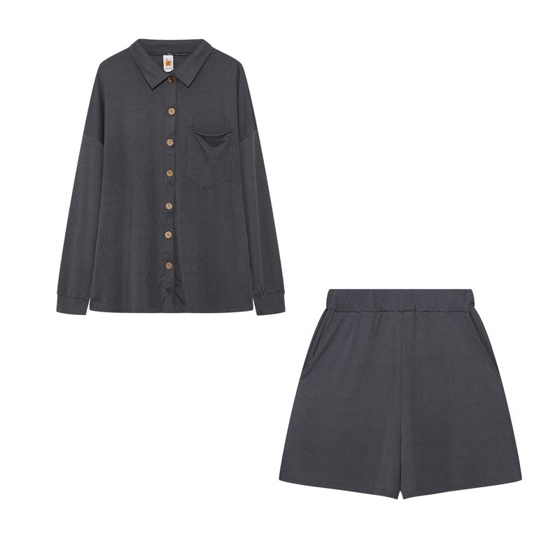 Spring and Summer New Polo Collar Single-Breasted Long Sleeve Solid Color Rib Fabric Shorts Casual Sports Fashion Two-Piece Set 10 Colors Gray S
Spring and Summer New Polo Collar Single-Breasted Long Sleeve Solid Color Rib Fabric Shorts Casual Sports Fashion Two-Piece Set 10 Colors Gray S