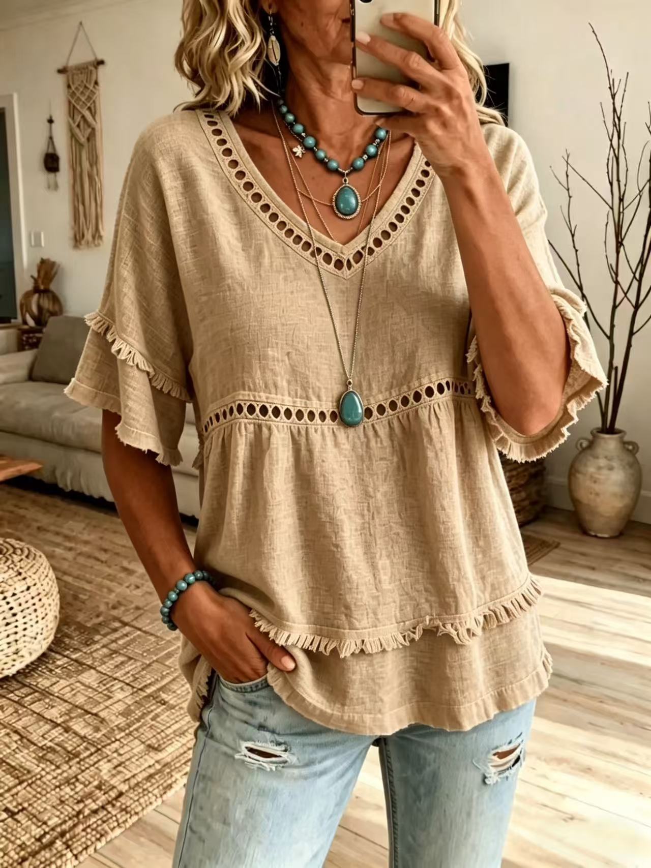 Women s Casual V Neck Short Sleeve Top with Eyelet Detailing and Layered Hem Lightweight Comfortable Summer Blouse S хакі
Women s Casual V Neck Short Sleeve Top with Eyelet Detailing and Layered Hem Lightweight Comfortable Summer Blouse S хакі