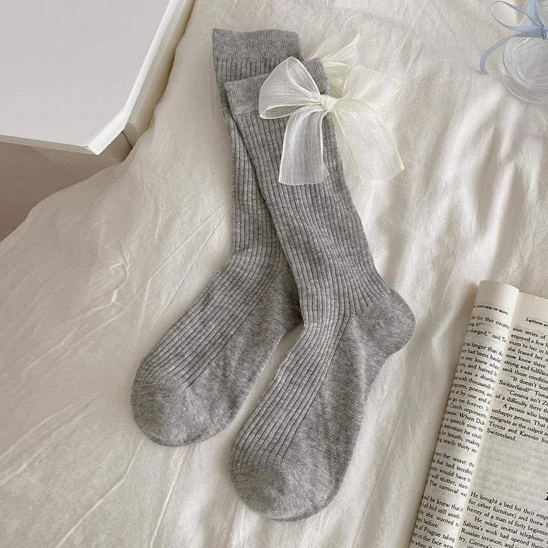 Весенне-летние легкие однотонные гольфы до середины икры в стиле лолита для женщин, милые кружевные сетчатые носки с бантом 1 pair серый