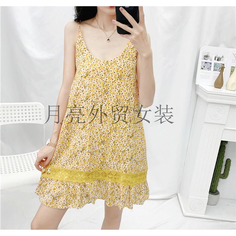 Новая осенняя женская одежда Мода Ветер Свежий Цветочный принт Свободного кроя Стройнящее Подол с вырезом Декорация Сексуальное платье на бретелях Floral S