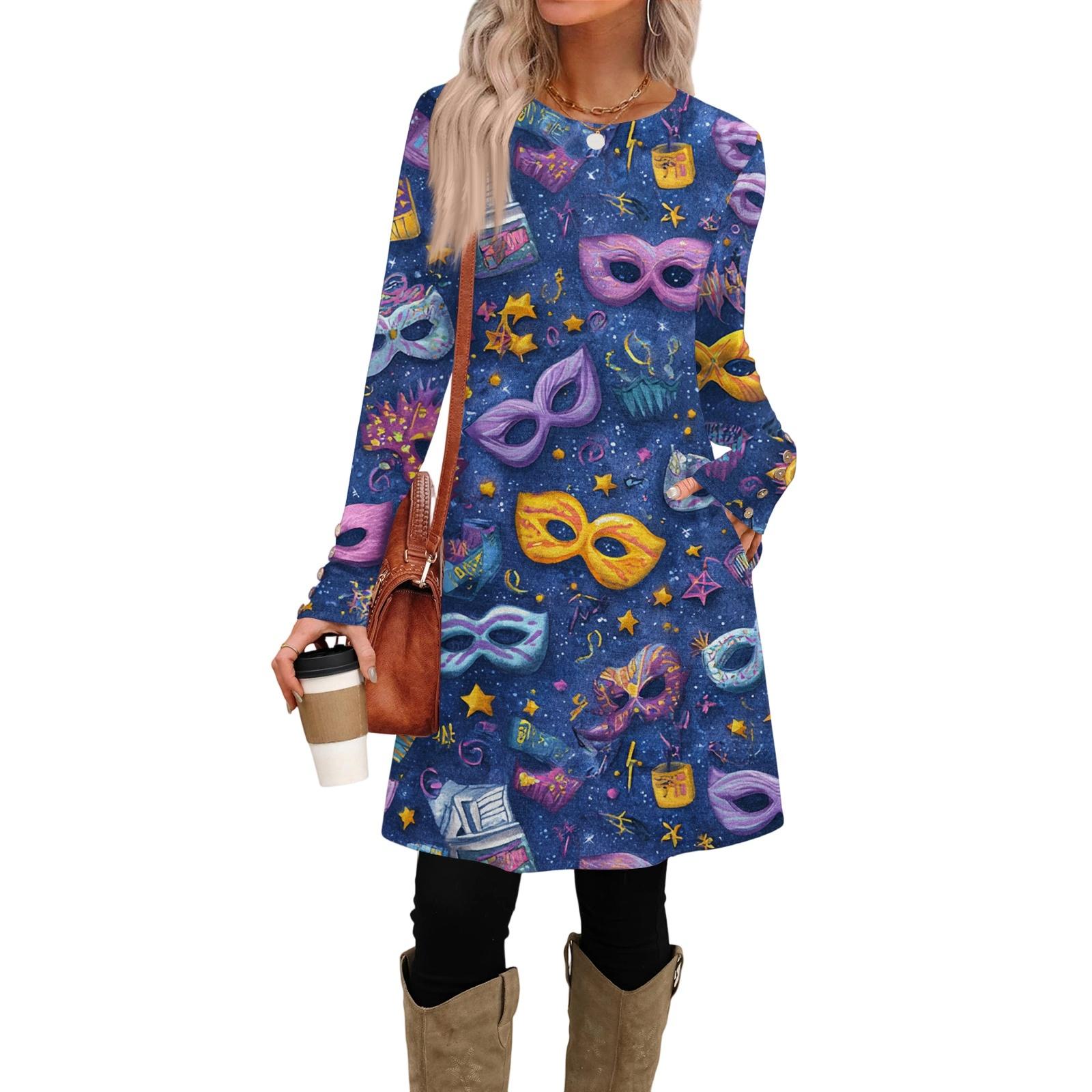 Women s Fashion Casual Dress With Pockets, Decorative Buttons, Round Neck, Long Sleeves, Color L синий
Women s Fashion Casual Dress With Pockets, Decorative Buttons, Round Neck, Long Sleeves, Color L синий