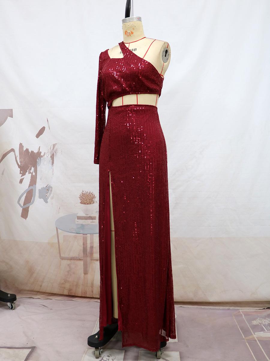 2025 летнее новое платье с косыми плечами и открытыми плечами, юбка, сексуальное банкетное платье с высокой талией XL бордовый