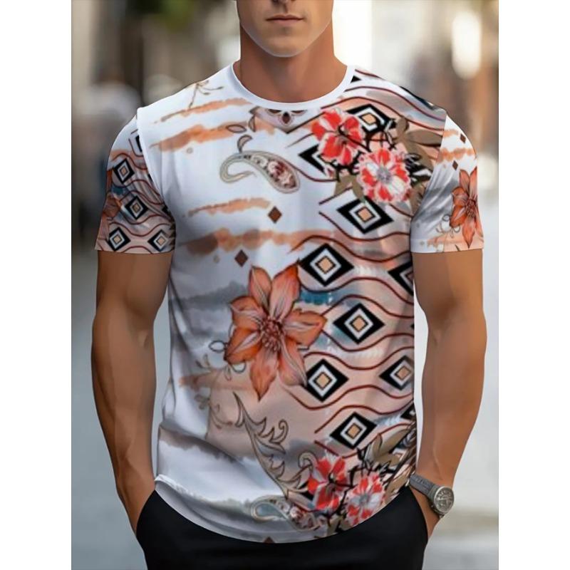 Men s casual polyester short sleeve T-shirt with floral and geometric print S
Men s casual polyester short sleeve T-shirt with floral and geometric print S