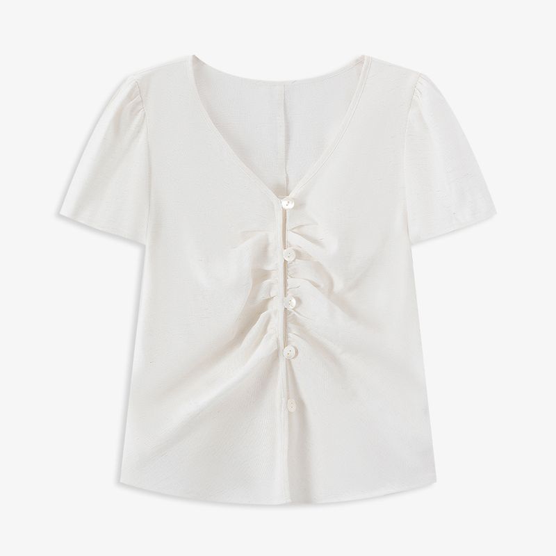 Aozhi Country Niche Design 2 Colors V Neck Ruched Silm Slim Looking Short Sleeve Shirt Female Minimalist All-Matching Shirt SW Beige S
Aozhi Country Niche Design 2 Colors V Neck Ruched Silm Slim Looking Short Sleeve Shirt Female Minimalist All-Matching Shirt SW Beige S