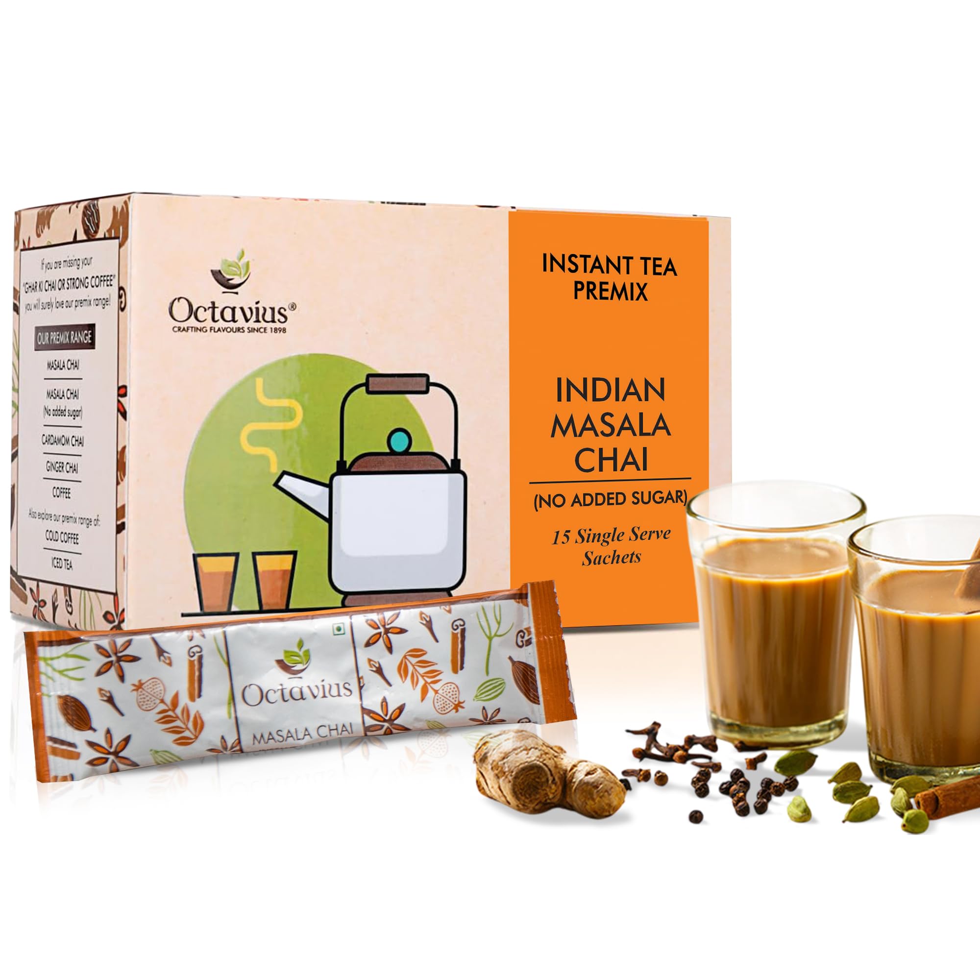 Octavius | Indian Masala (No Added Sugar) Premix Tea - 15 Pouches | Low Sugar | Readymade Tea Mix | Ready Tea | Premix Tea Powder | Instant Tea | T
Octavius | Indian Masala (No Added Sugar) Premix Tea - 15 Pouches | Low Sugar | Readymade Tea Mix | Ready Tea | Premix Tea Powder | Instant Tea | T