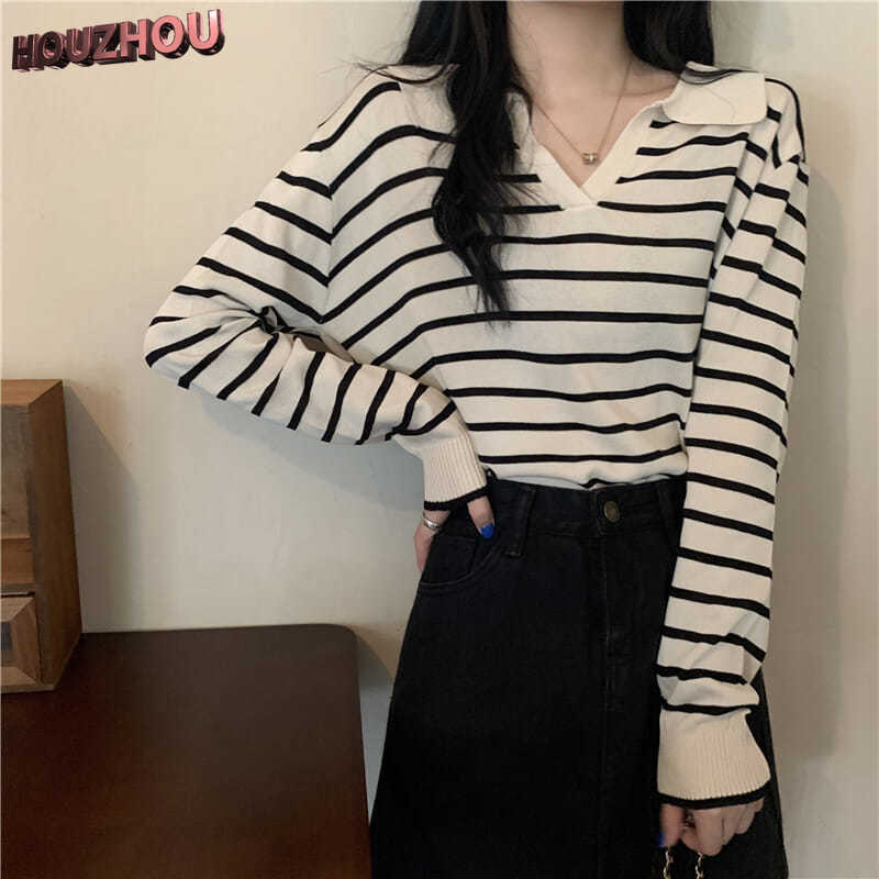 Винтажный полосатый пуловер для женщин, осенний новый корейский пуловер с воротником-поло, повседневный тонкий короткий свободный топ с длинными рукавами, стиль Ins
Винтажный полосатый пуловер для женщин, осенний новый корейский пуловер с воротником-поло, повседневный тонкий короткий свободный топ с длинными рукавами, стиль Ins