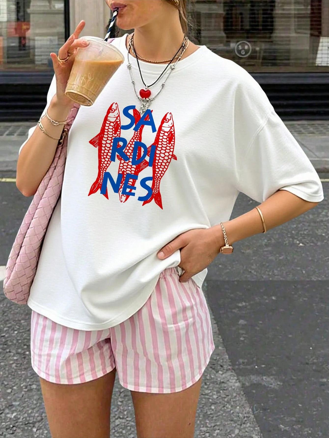 Мультяшная футболка с принтом сардины — это повседневный и универсальный топ в стиле, подходящем для ежедневной нейтральной и свободной носки. L
Мультяшная футболка с принтом сардины — это повседневный и универсальный топ в стиле, подходящем для ежедневной нейтральной и свободной носки. L