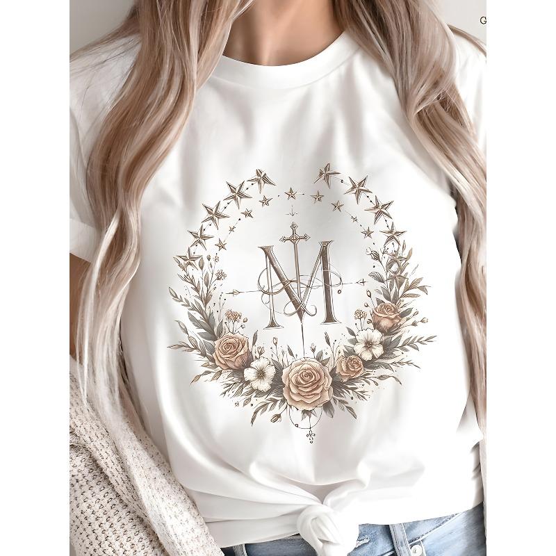 European Size Women s T-shirt with Saint M floral star pattern printed short sleeved T-shirt round neck regular version T-shirt,comfortable 4XL
European Size Women s T-shirt with Saint M floral star pattern printed short sleeved T-shirt round neck regular version T-shirt,comfortable 4XL
