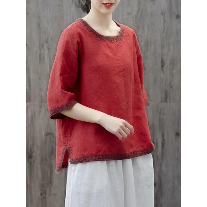 Летняя рубашка из хлопка и льна с вышивкой, U-образный вырез, короткие рукава, женская свободная и универсальная, большого размера, в стиле ретро XXL красный
Летняя рубашка из хлопка и льна с вышивкой, U-образный вырез, короткие рукава, женская свободная и универсальная, большого размера, в стиле ретро XXL красный