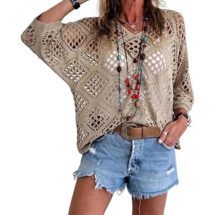 V Neck 3 4 Sleeve Hollow Knitted Pullover Women Knitting Tops Solid Color Loose Fit Cover Up 3XL хакі
V Neck 3 4 Sleeve Hollow Knitted Pullover Women Knitting Tops Solid Color Loose Fit Cover Up 3XL хакі