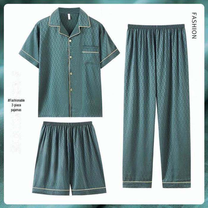 Мужской летний пижамный комплект из ледяного шелка: Кардиган из трех частей с короткими рукавами и шортами для людей среднего и пожилого возраста XXXL (160-180)
Мужской летний пижамный комплект из ледяного шелка: Кардиган из трех частей с короткими рукавами и шортами для людей среднего и пожилого возраста XXXL (160-180)