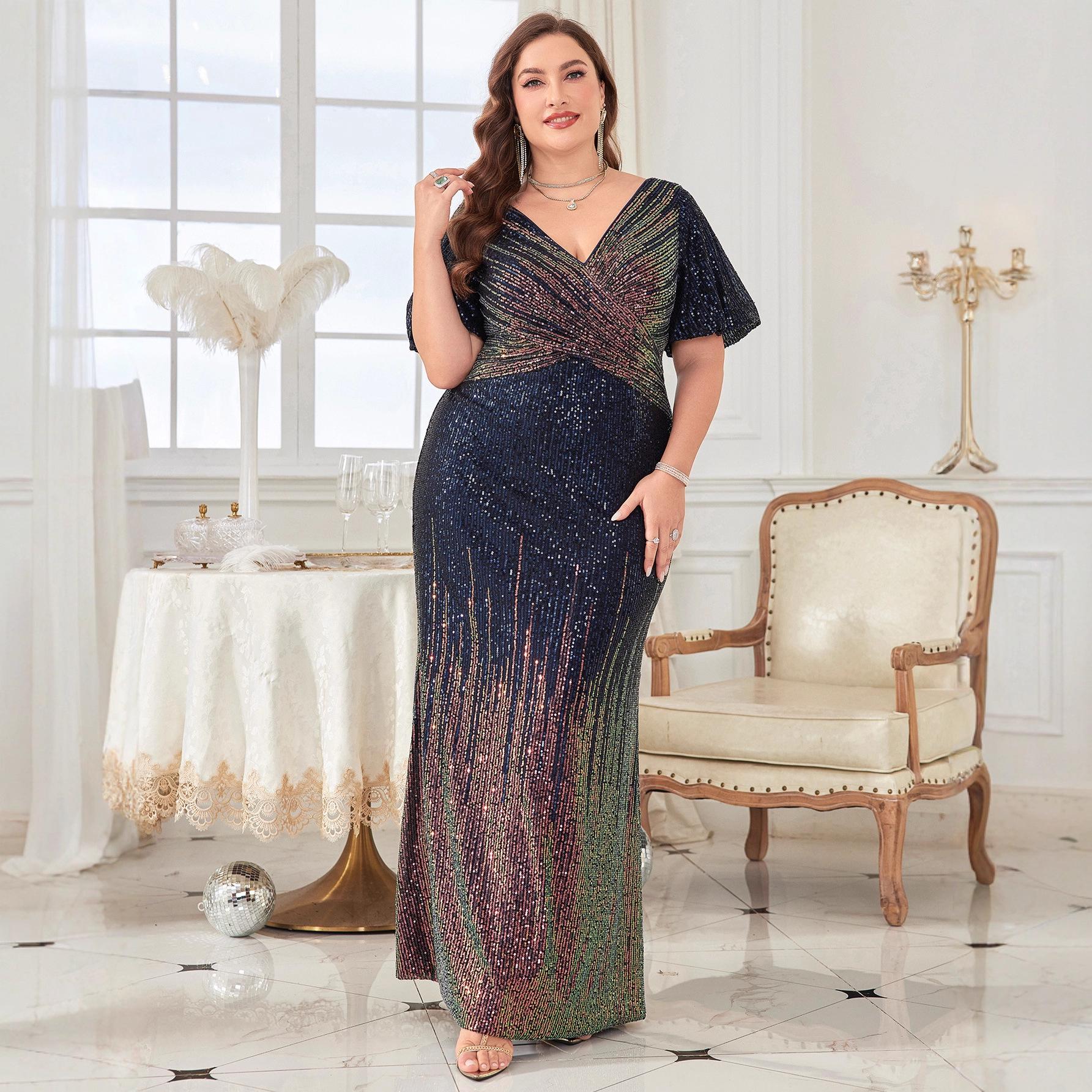 European & American Plus Size V-Neck Formal Evening Gown with Sequins - Elegant Slimming Long Dress for Banquets 2XL темно-синий
European & American Plus Size V-Neck Formal Evening Gown with Sequins - Elegant Slimming Long Dress for Banquets 2XL темно-синий
