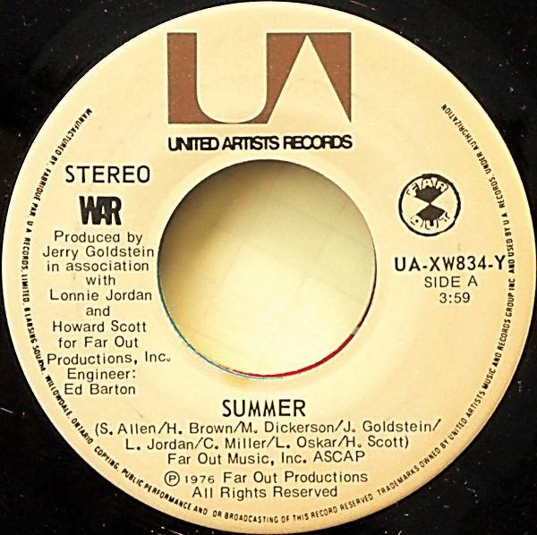7inch Record WAR - Summer UAXW834Y United Artists 1976 Canada Soul/Funk Used
7inch Record WAR - Summer UAXW834Y United Artists 1976 Canada Soul/Funk Used