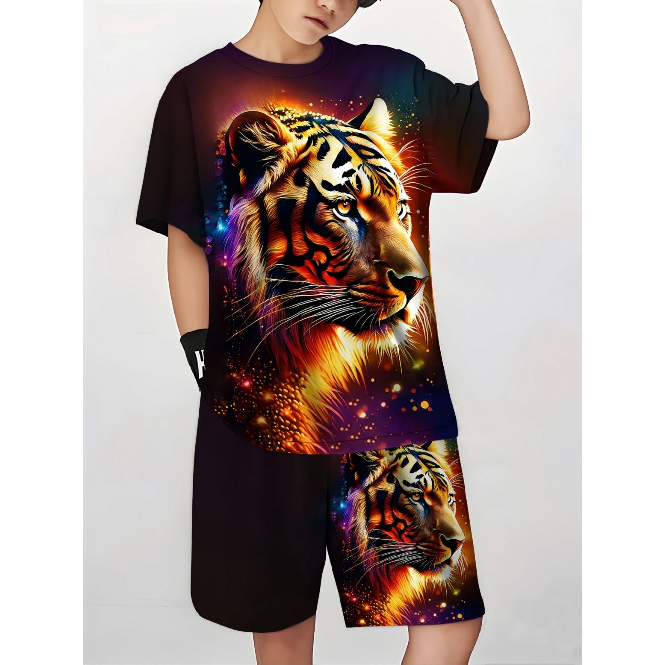 Boys Two-Piece Summer Outfit - Vibrant Tiger Graphic T-Shirt Shorts Set, Breathable Round Neck Short 5-6Y
Boys Two-Piece Summer Outfit - Vibrant Tiger Graphic T-Shirt Shorts Set, Breathable Round Neck Short 5-6Y