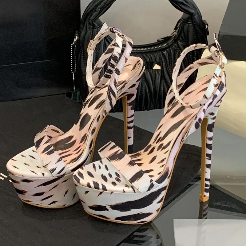Мода Новая Женская Обувь Уличные Сексуальные Женские Босоножки Стилетто Ультра Высокий Каблук Модная Платформа Ремешок с Пряжкой Клубная Вечеринка Обувь для Стриптиза 42 цветной печати леопарда